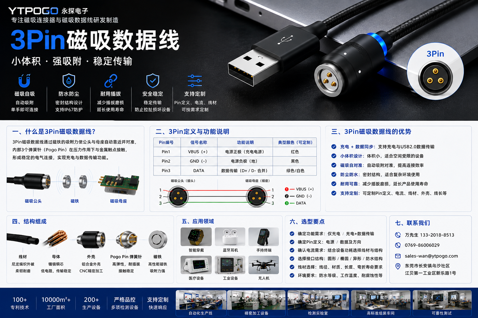 3Pin磁吸数据线三个Pogo Pin触点与工程选型示意